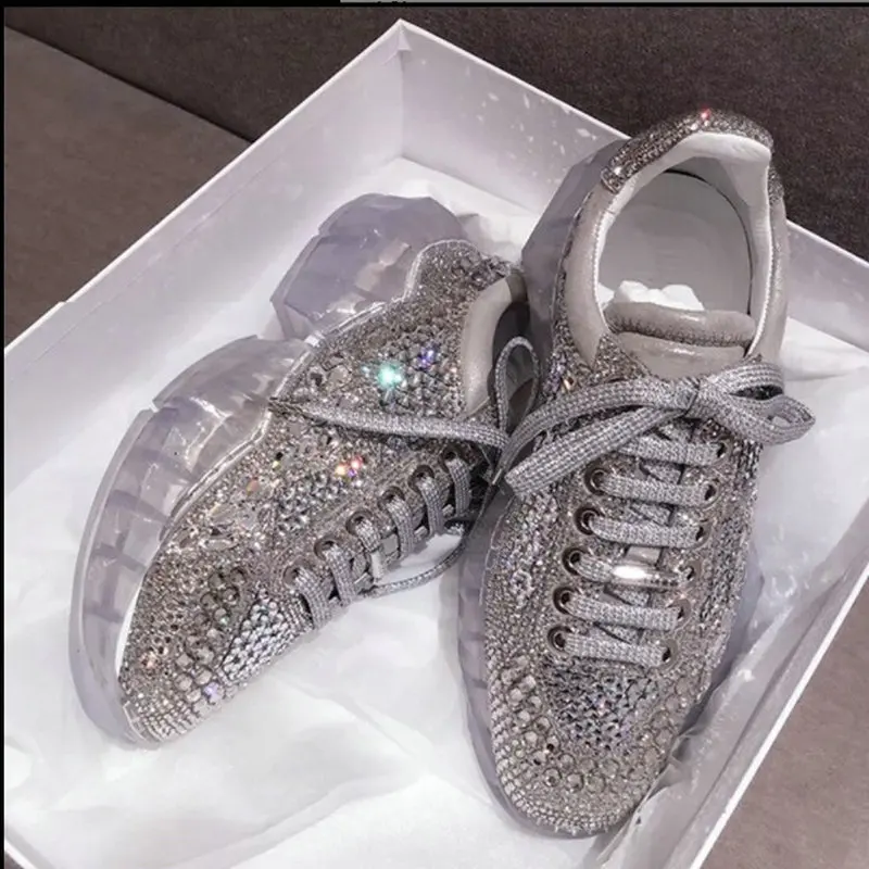 Сезон весна; Новинка; Лидер продаж, Кристалл Rhinestone Для женщин Спортивная повседневная обувь на платформе высокое качество Серебристые туфли; женская обувь