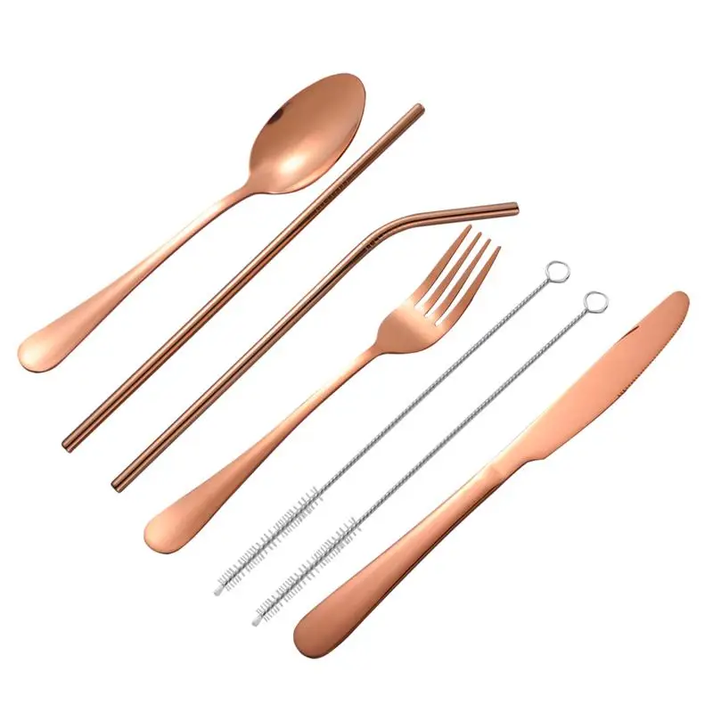 Rose Gold 1 Набор из 6 шт. набор посуды из нержавеющей стали для питья, резак для соломы, вилка, ложка, набор антикоррозийных столовых приборов, набор для домашнего использования в ресторане - Цвет: Rose Gold