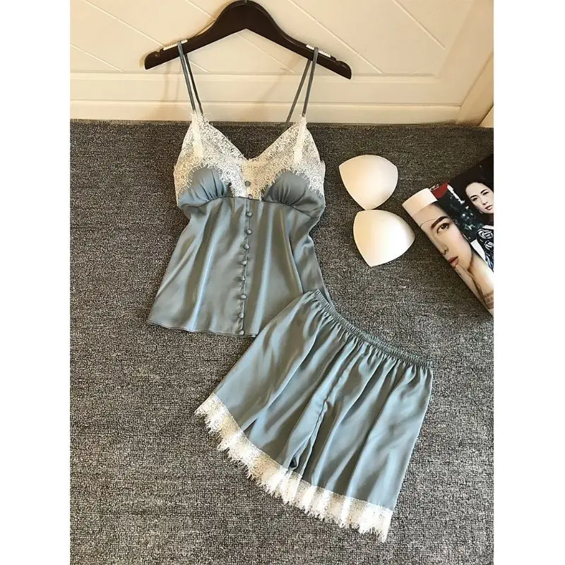 

Womens Imitation Silk Sexy Lingerie Set Push Up Padded Button Down Camisole Wide Leg Eyelash Lace Shorts Solid Color Nightwear