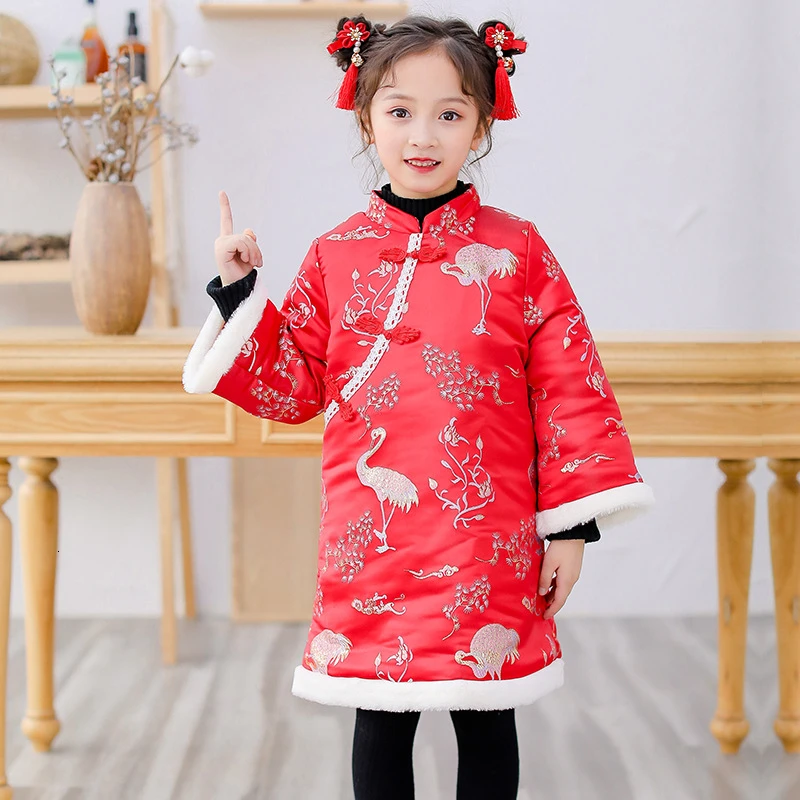 Hanfu/зимний красный хлопковый Чонсам для девочек; Детские восточные платья Ципао с длинными рукавами; одежда для дня рождения в китайском стиле на год