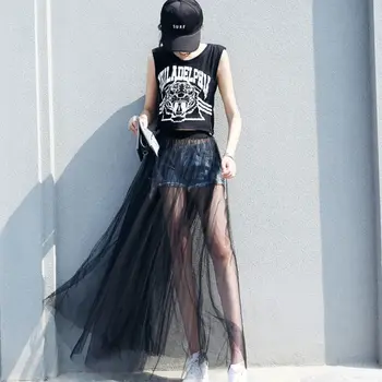 

Womens Sexy See Through Mesh Maxi Long Tulle Skirt Ultra-Thin Pleated Flowy Solid Color High Waist Cocktail Party Clubwear Singl