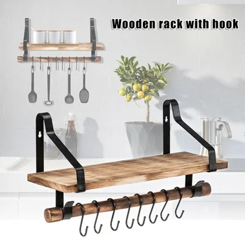 

Newly Floating Wall Shelf Rustic Wood Kitchen Spice Rack with Towel Bar 8 Removable Hooks