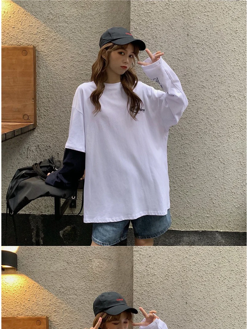 Harajuku модная футболка для женщин с длинным рукавом Топы с буквенным принтом поддельные 2 шт белые футболки женские повседневная одежда