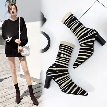 

Zebra Pattern Winter Boots Women Nice Elasticity High Heels Thick Sexy Pointed Toe Ankle Boots For Women Korean Fashion Shoes