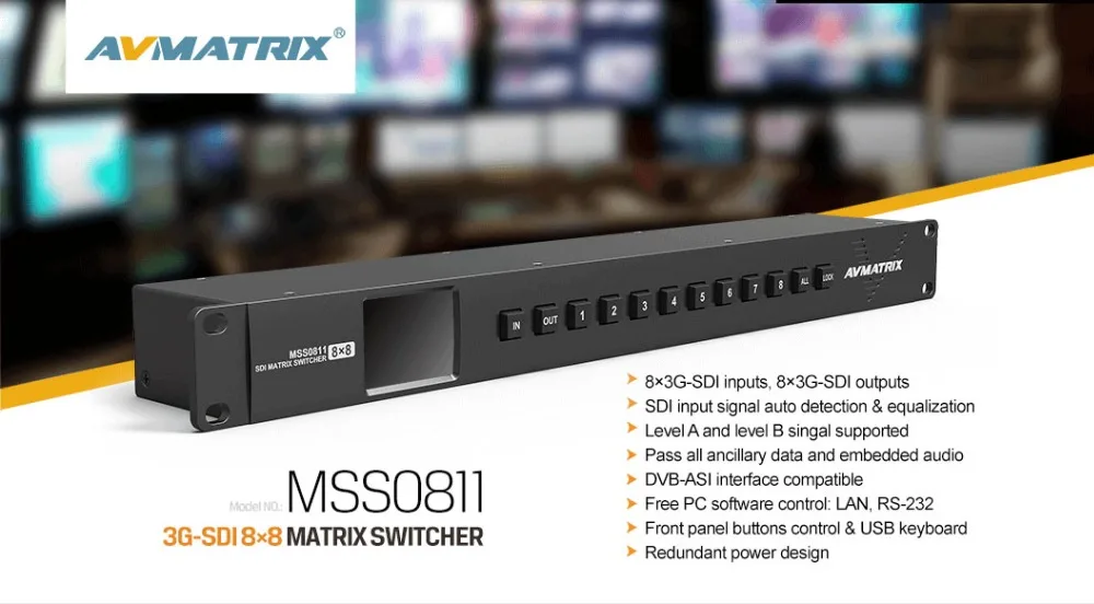 Avmatrix MSS0811 1RU 8 × 8 3G-SDI Rackmount Matrix Switcher для ТВ производства, трансляции