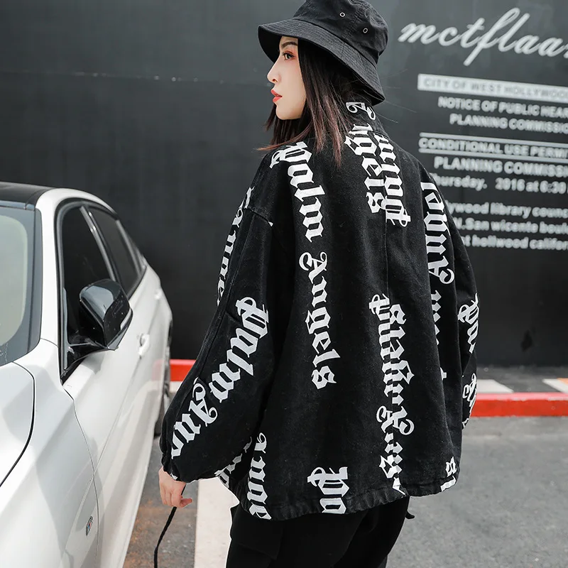 Vefadisa Letter Print Denim Coat Woman Winter Thick Denim Coat Black Zippers Stand Collar Loose Coat Hip-hop QYF1380