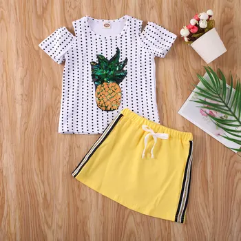 

Emmababy Newborn Baby Girl Clothes Sequin Pineapple Print Polka Dot Short Sleeve T-Shirt Tops Skirt 2Pcs Outfits Clothes Sunsuit