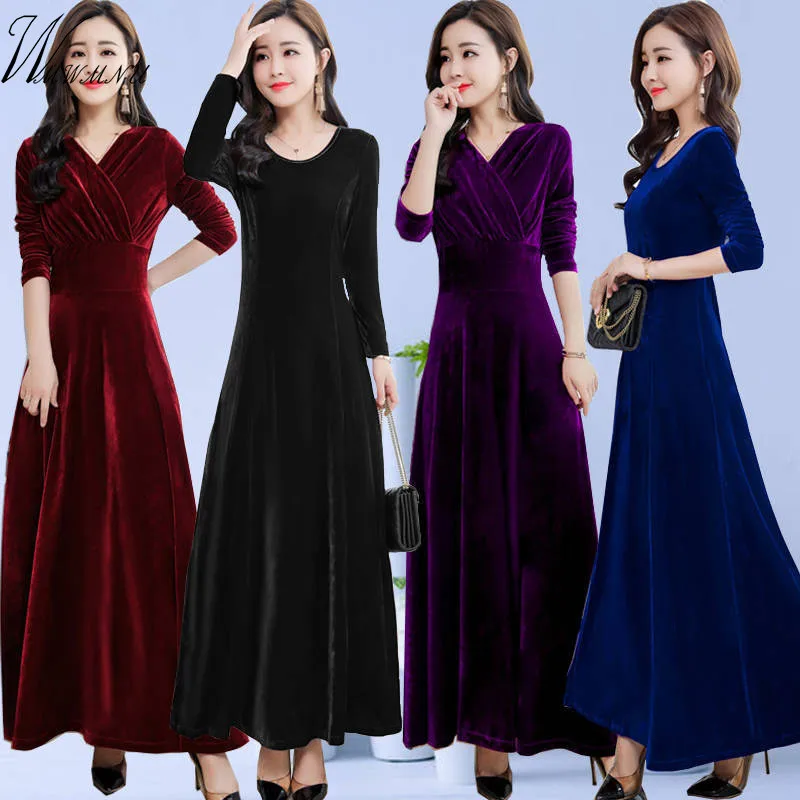 

New 2019 Fall Winter Dress Women Elegant Casual Long Sleeve A-line Dress Vintage Velvet Party Dresses Plus Size Dress Black
