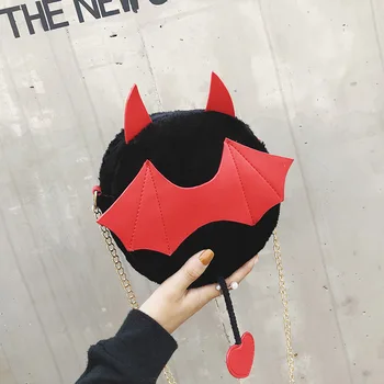 

Funny Bag Women's New Style Korean-style Small Devil Cute Small round Bag Plush Chain Crossbody Bag Fashion