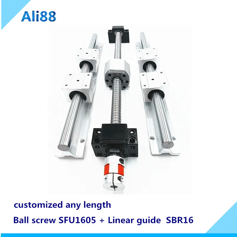 16 мм шариковый винт линейный рельс комплект: SFU1605 любой длины с торцевой обработкой и аксессуарами+ линейная направляющая SBR16+ с направляющими блоками SBR16UU