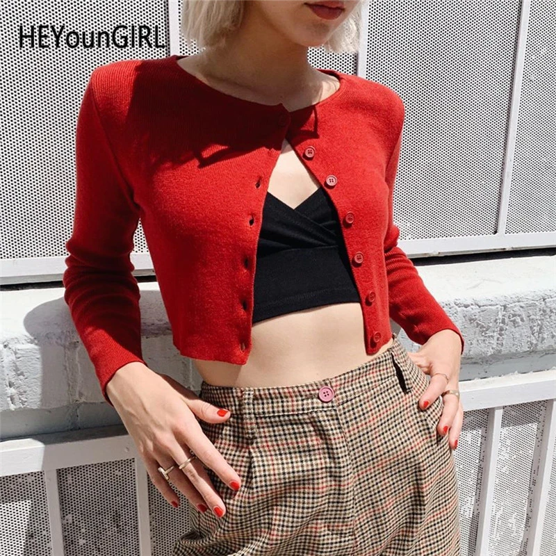 

HEYounGIRL Casual Knitted Cardigan Women Solid Black White Red Korean Knit Sweater Ladies Long Sleeve Crop Sweaters Street Wear