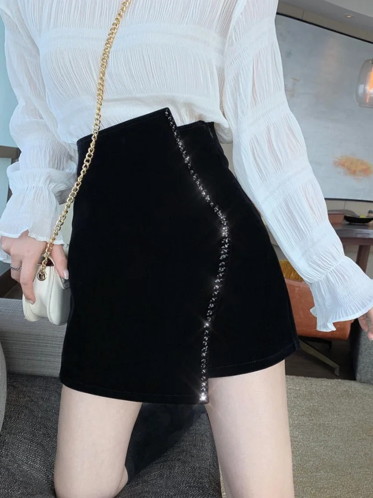 Ins CHIC Europe French Irregular Velvet Hand Bead Rhinestone Woman Velour Mini Skirt High Waist Bodycon Lady Bottom Black Winter