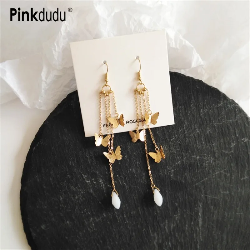 Женские серьги-подвески с кисточками Pinkdudu золотистые и металлические бабочками