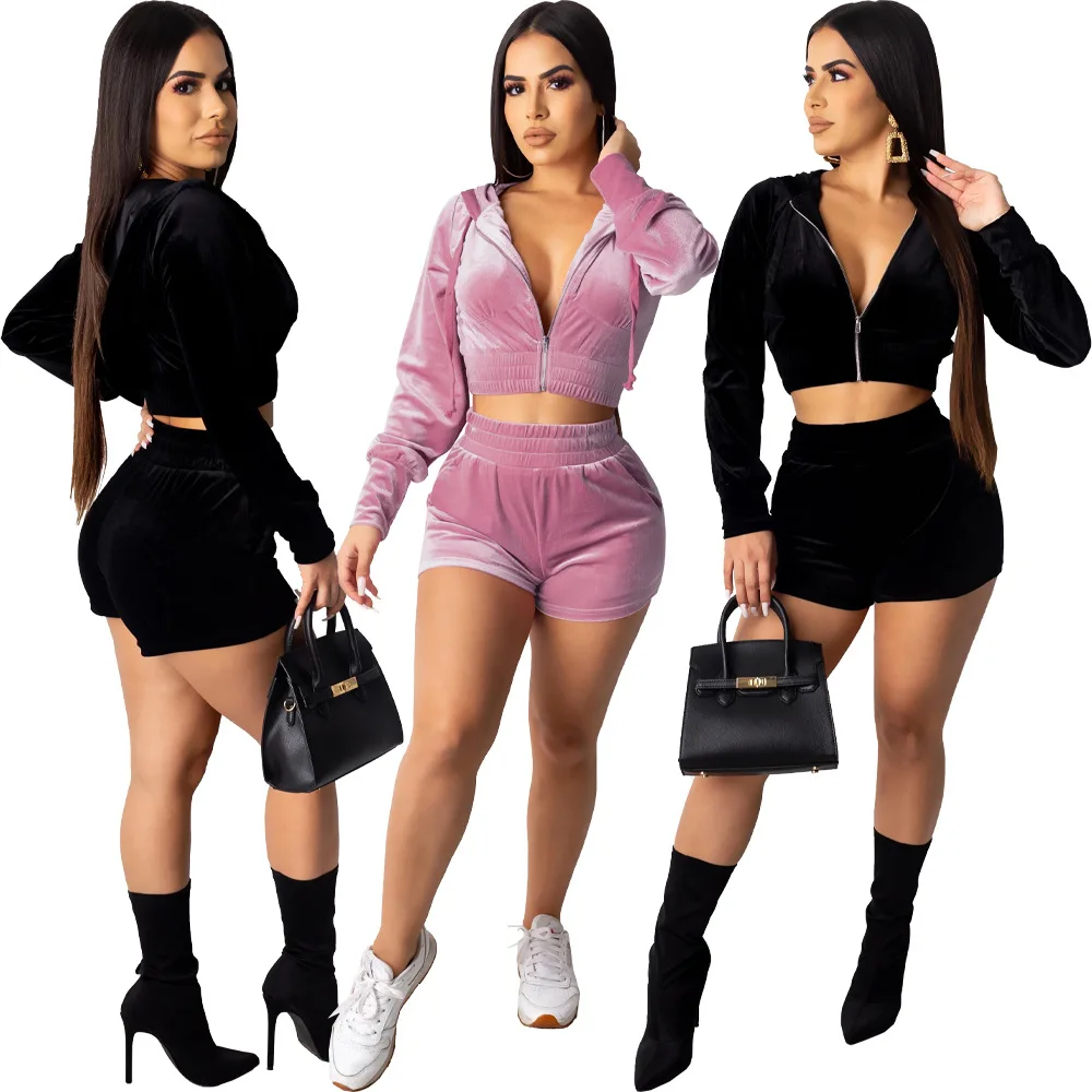 Casual Women Velvet Hooded Two Piece Set Long Sleeve Coat + Pants Solid Color Sportwear Summer Clothes For Women