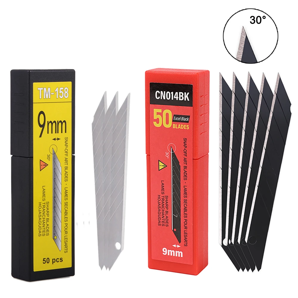 FOSHIO 30/60 Grad Snap Off Ersatzklinge 9 mm Autoverpackung Vinyl Papierschneider Allzweckmesser DIY Rasiermesser Schneidwerkzeug Kohlenstoffstahl – Detail 1