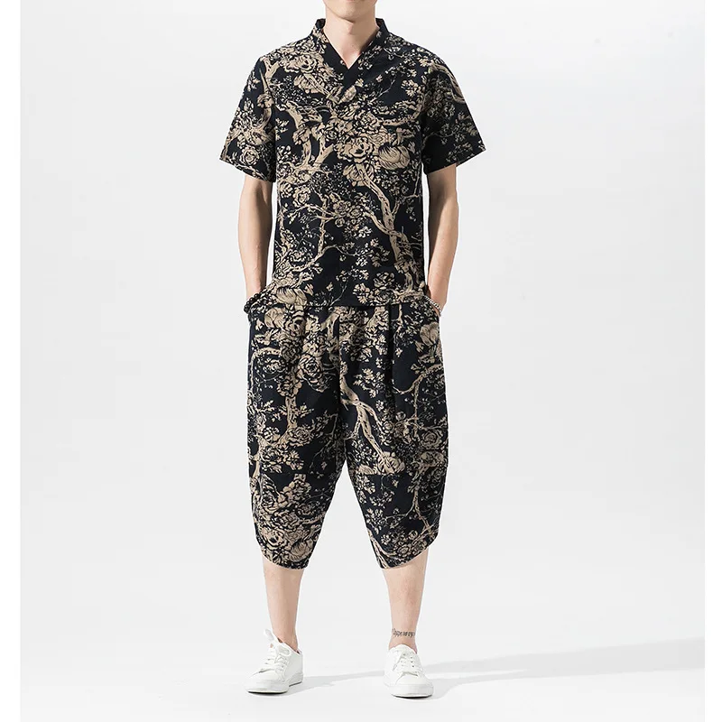 

2019 New Style Summer Wear Chinese-style Short Sleeve T-shirt Leisure Suit Flax Loose-Fit Stand Collar Thin Floral Youth Fashion