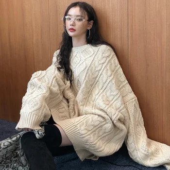

2020 New Autumn Lantern Sleeve Jumper Knitted Loose Fashion Pullover Femme Thick Hemp Pattern Sweater