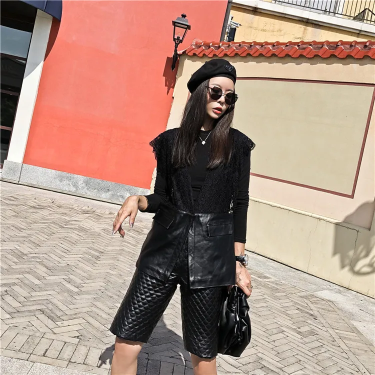 Genuine Leather Vest Elegant Lace Detail Single Button Sleeveless Sheepskin Vests Women Casual Office Lady V Neck Outwear Female