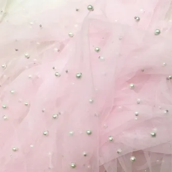 

White Black Pink Red Mesh Lace Fabric With Pearl For Sewing Dress DIY Cloth Embroiderey Lace Fabric 1Yard