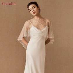YouLaPan G27 Pearls Bridal Cape Cloak Cover over the Shoulder Wedding Shawl Short Front Long Back Elegant DIY Wedding Shawl