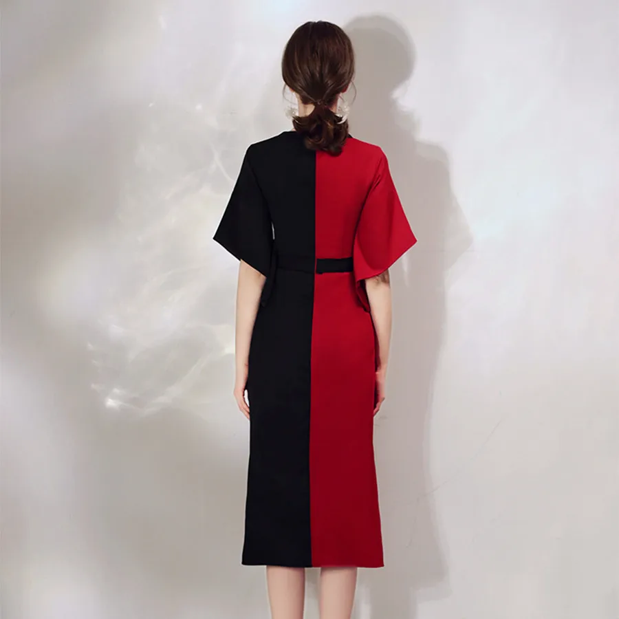 Это Yiiya коктейльное платье черного и красного цвета, контрастные вечерние платья с v-образным вырезом, элегантные вечерние платья с рукавом до локтя, коктейльное платье E1367