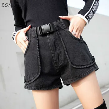 

Shorts Women Denim High Waist Slim Pockets Black Korean Style Leisure Casual Girl Retro Summer Trendy Short Womens Vintage Daily