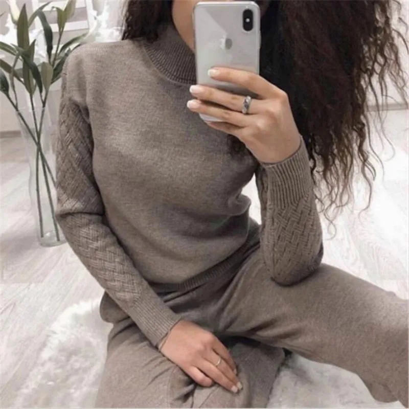 

Women suit track costume 2 pieces sets Autumn winter turtleneck pullovers and long knitted pants knitted suits