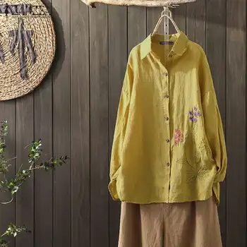 

Kaftan Embroidery Tops Women's Cotton Blouse 2020 ZANZEA Autumn Long Sleeve Shirts Female Button Lapel Blusas Plus Size Tunic