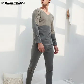 

Mens Breathable Sleepwear INCERUN Men Solid Pajamas Set Fashion Long Sleeve V Neck Tops Elastic Pants Homwear 2 Pieces Plus Size