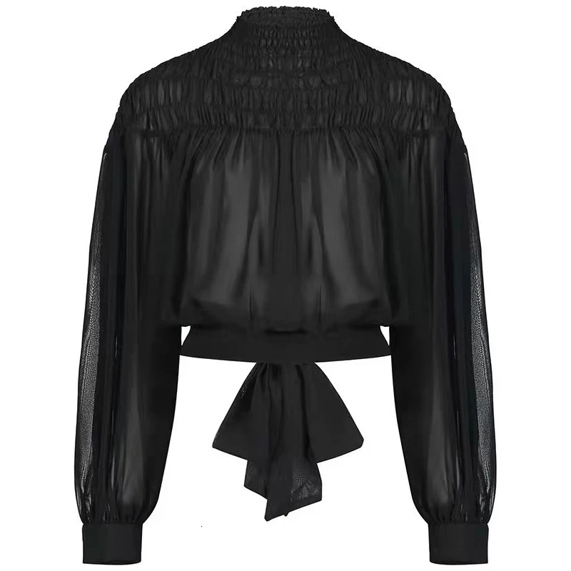 CHICEVER Bohemian Bowknot Women's Shirts Stand Collar Lantern Sleeve Ruched Perspective Blouse Female Autumn Fashion New
