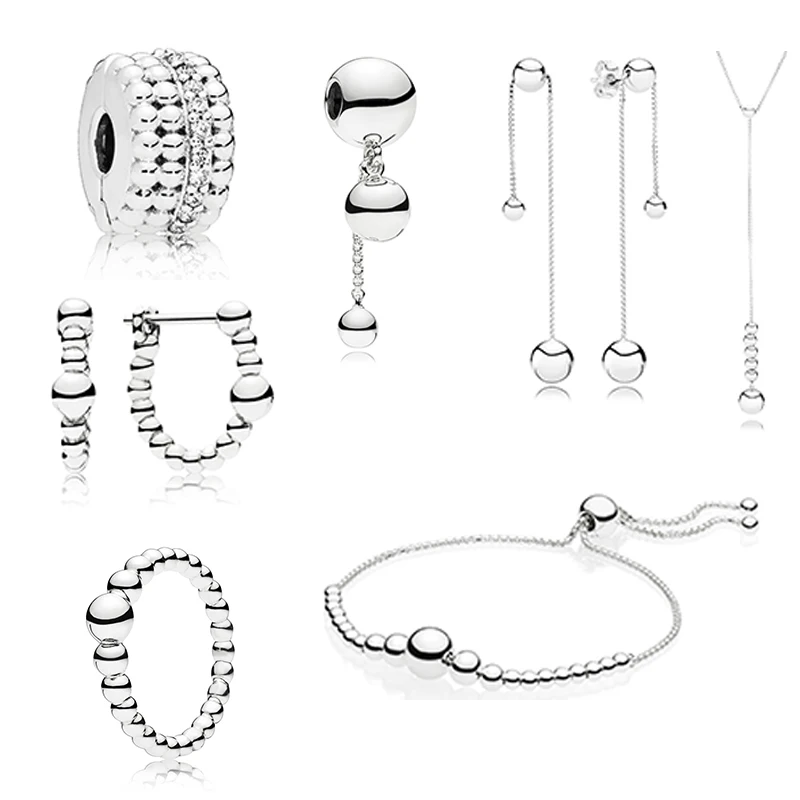 

100% 925 Sterling Silver New String of Beads Collection Ring Hoop Earrings Necklace SLIDING BRACELET Hanging Charm