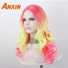 Anxin длинные волнистые Ombre розовый красный желтый красочный синтетический парик для девочек черные женские вечерние Косплей забавная принцесса красота