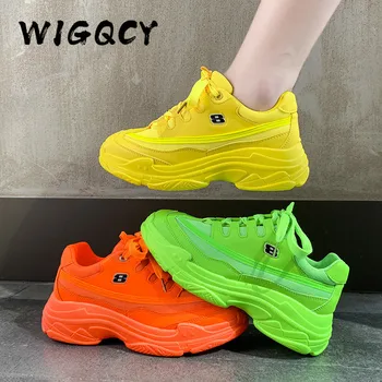 New Designer Sneakers Women Platform Casual Shoes Fashion Sneakers Platform Basket Femme Yellow Lace-Up Casual Chunky Shoes 41 1