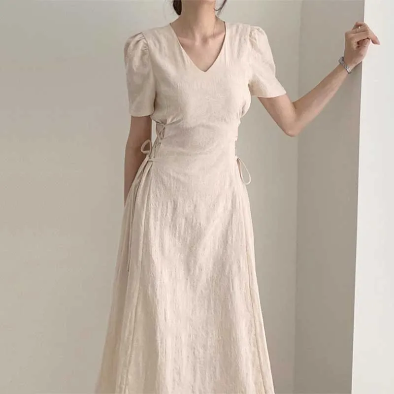 2020 Summer Elegant Fashion Dress V-Neck Slim Waist Women Dress Vintage Office Lady Korean Dresses Cotton Linen Dress Vestidos