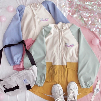 

Japanese Women Short Coat Girls Loose Hooded Student Outwear Harajuku Neutral Color matching Letter Print Wild Jacket Mori Girl