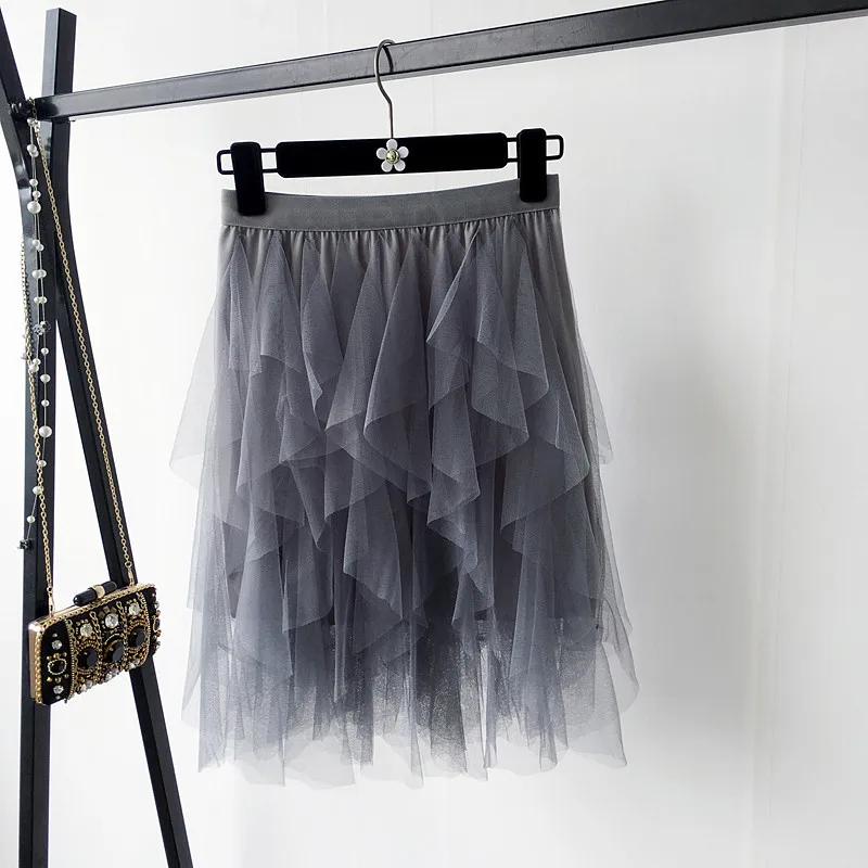 Летние Асимметричные плиссированные тюлевые юбки для женщин; мини-юбка в сеточку; вечерние юбки принцессы с эластичной резинкой на талии; Многослойная короткая юбка-пачка розового цвета - Цвет: Gray
