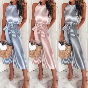 

Elegant 2020 Jumpsuits Women Sleeveless Striped Jumpsuit Loose Trousers Wide Leg Pants Rompers Holiday Belted Leotard Overalls