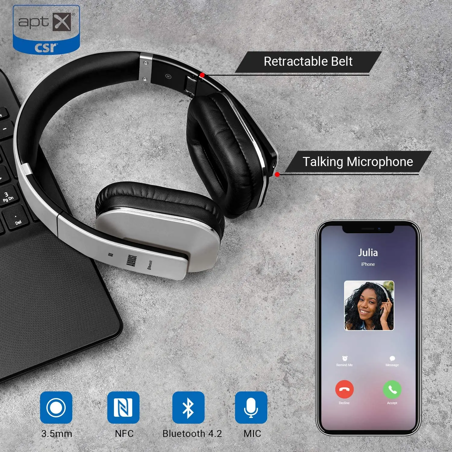 August EP650 Silver Upgrade Wireless Bluetooth 4.2 Headphones/Headset with EQ APP Control with Microphone for TV,Phone,PC 4