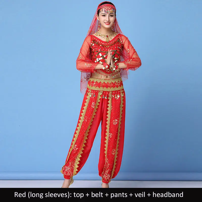 Red long sleeves Сари танцевальная одежда женский набор костюма для танца живота индийские танцевальные костюмы болливудская одежда 8 шт. Топ+ пояс+ брюки+ вуаль+ головной убор+ реквизит - Цвет: Red long sleeves