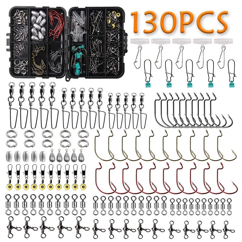 

130Pcs/box Fishing hooks Kit with Casting Sinkers Fishing Swivels Snaps sinker Sliders Split Ring for fishing accessories