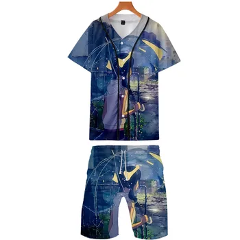 

2019 Weathering with you two piece set jackets and shorts Kpop Fashion new cool print baseball jacket set for men streetwear