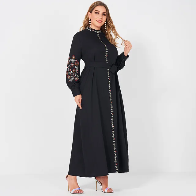 Ladies Fashion Resort Small Stand Collar Floral Embroidery Long Sleeve Loose Belt Sweet Elegant Woman Black Party Maxi Dress 4