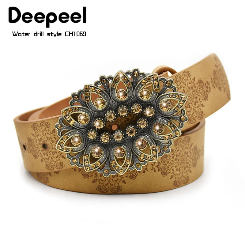 Deepeel/1 шт., 3,5*115 см, модные, Ретро стиль, женские Стразы, гладкая пряжка, ремень, искусственная кожа, цветочный принт, дикие декоративные, женский ремень