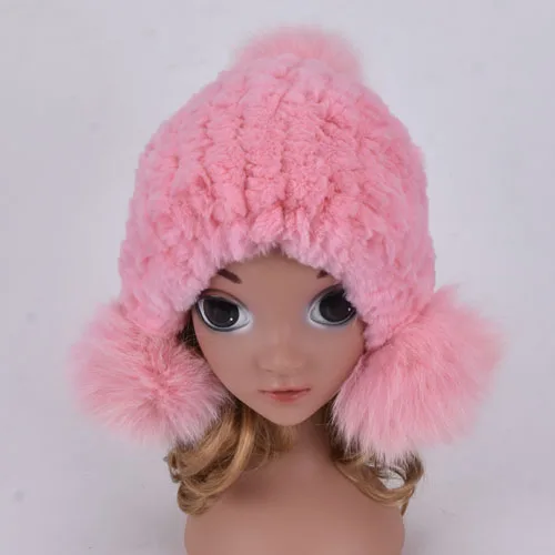 Зимняя Детская меховая шапка, теплый мягкий Настоящий мех кролика, наушники для мальчиков и девочек, меховая шапка-бомбер для мамы и ребенка - Цвет: pink
