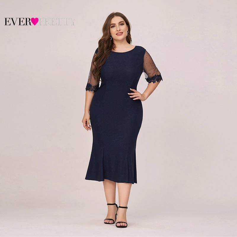 

2020 Plus Size Womens Evening Dresses Navy Blue Mermaid Fishtail Ever Pretty EP00495NB Mothers See-Through Ilusion O Neck robes
