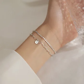

LISM 925 Sterling Silver Double Layer Lucky Round Bracelet Simple Design Lucky Bracelet Cold Wind Student Simple Hand Jewelry