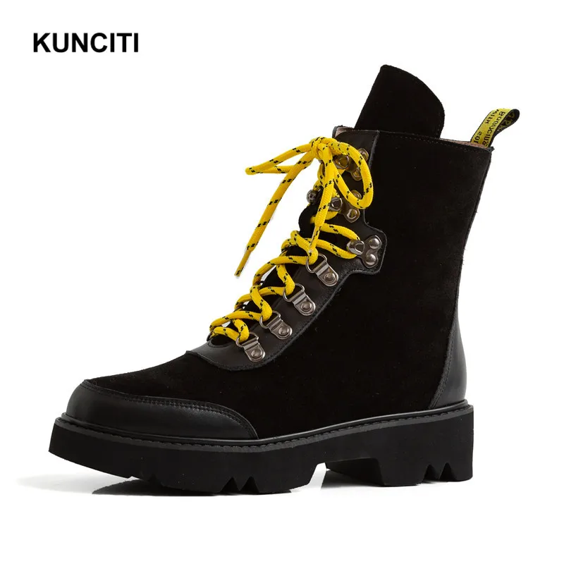 

2019 KUNCITI Cow Suede Ankle Boots Lace Up Black Martin Boots Round Toe Ladies Punk Style British Style European Shoes D9163