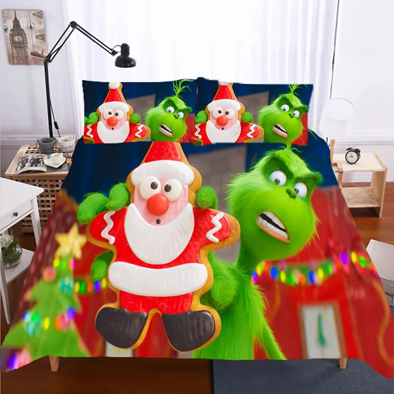 JUSTCHIC, 12 цветов, зеленый толп, набор постельного белья серии Grinch 3D, Рождественский пододеяльник, наволочка, пододеяльник, супер мягкий домашний текстиль