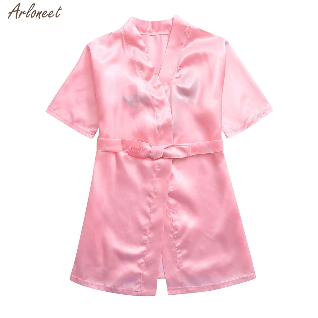 Одежда для малышей; детская однотонная шелковая атласное кимоно; наряд халат для дня рождения, для детей, одежда для сна пижамы для детей платье для девочек ночная рубашка - Цвет: Pink