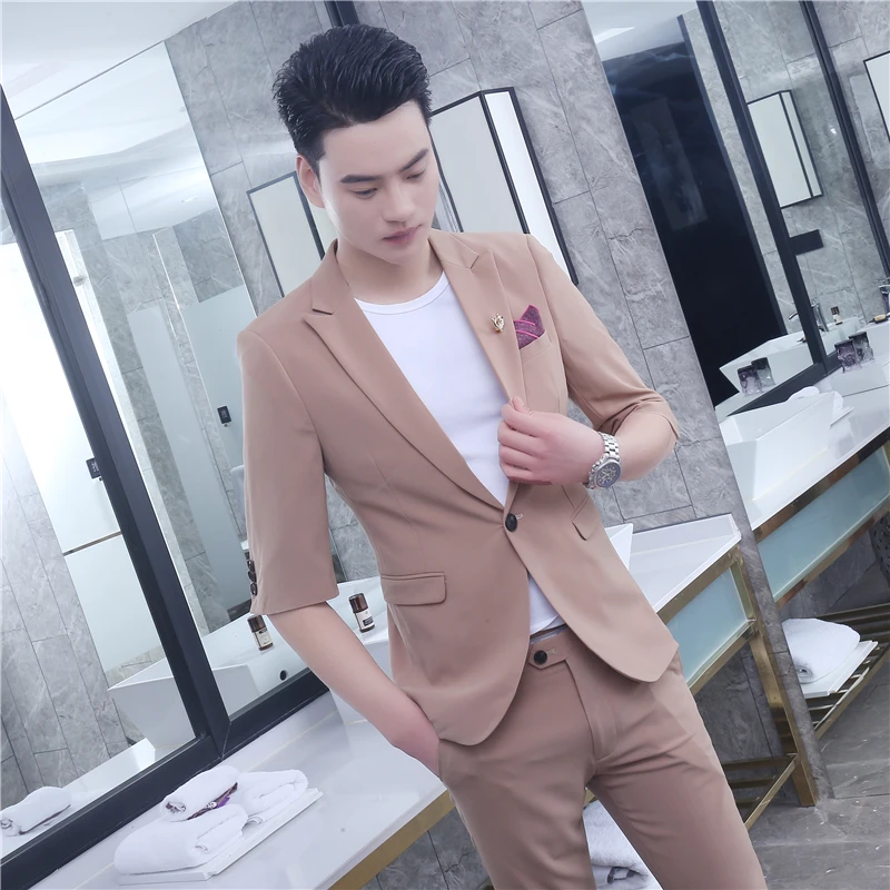 

2020 Summer Small Suit Men's Korean Version Of The Self-cultivation Handsome Seven-point Sleeve Suit Suit Hair Stylist Trend